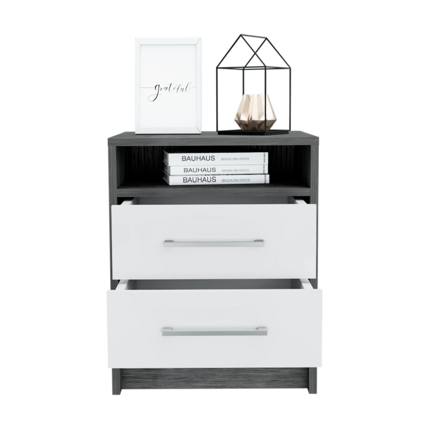 Nightstand 20" H, 2 Drawers, Superior Top, Metal Handles, Smokey Oak/White